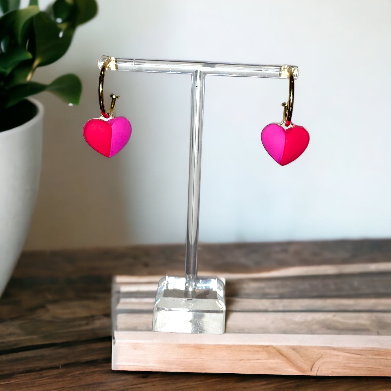 Créoles Ouvertes Duo Coeurs Rouge & Rose Vif