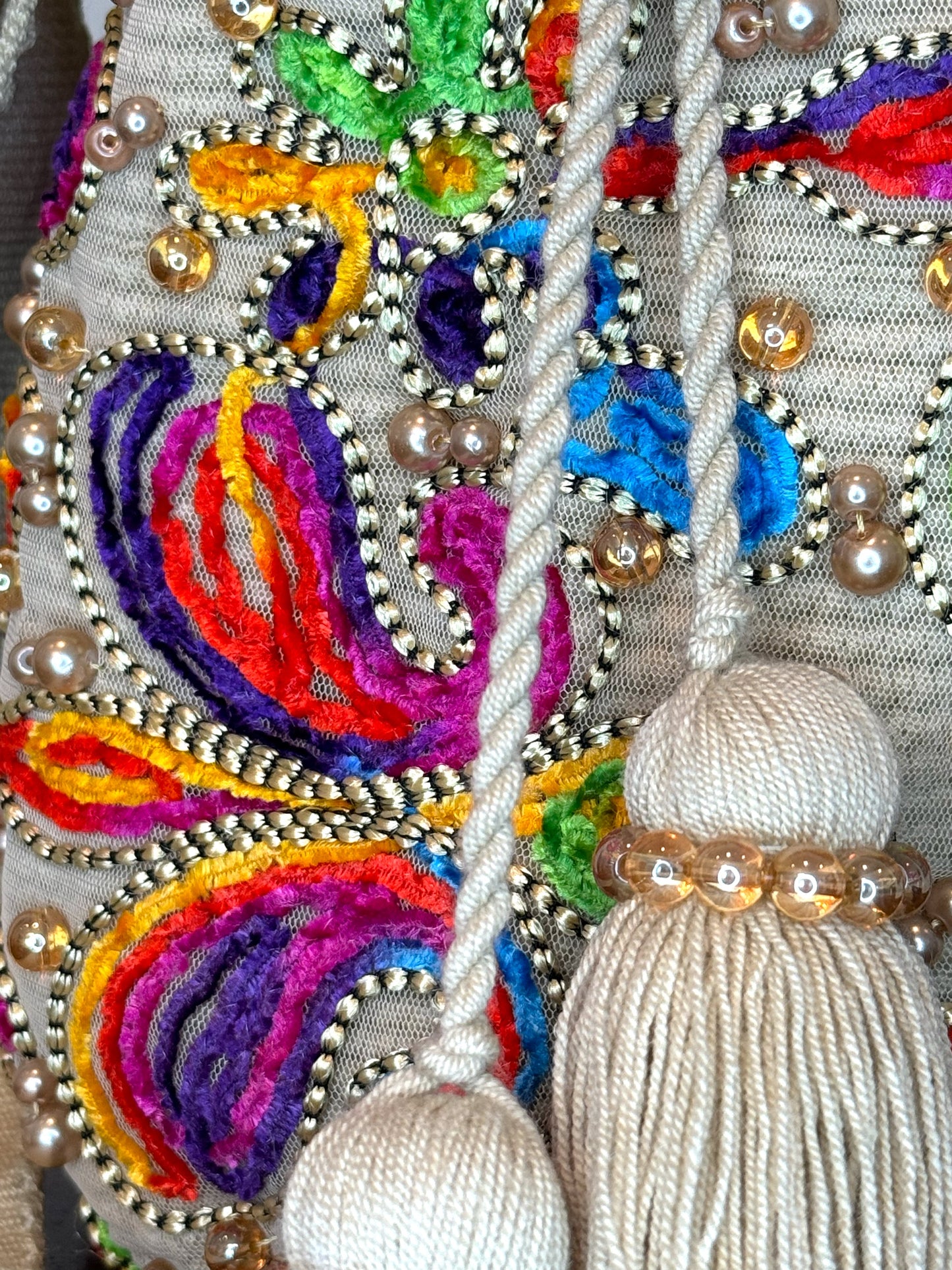 beige hand woven bag with tassel, beaded bag and pearls bag