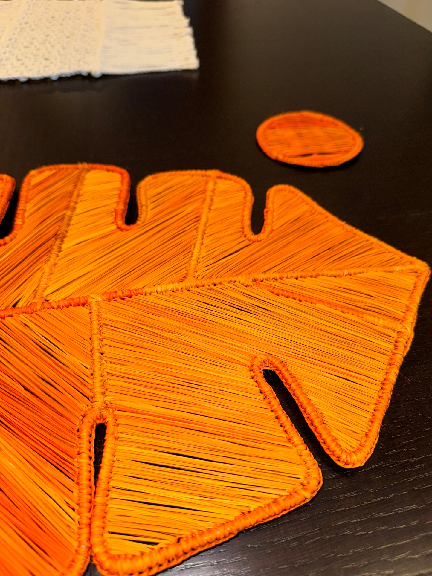 placemats, leave shape, home decor, table set, handmade placemat, handwoven placemat, orange placemat, orange coasters, natural material straw placemat, wicker placemat, wicker decoration