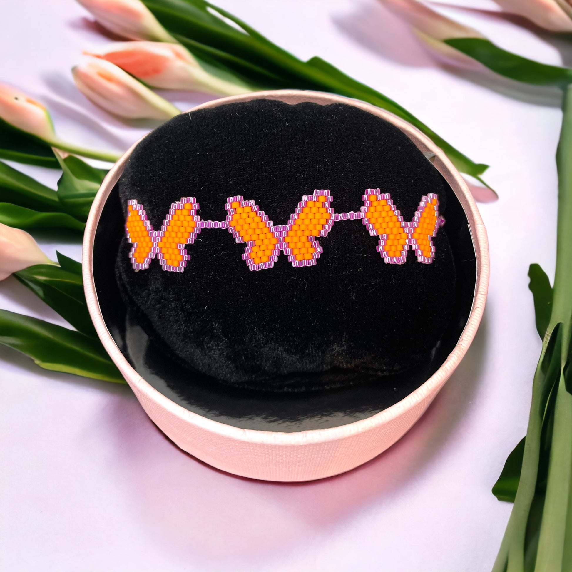 miyuki bracelet, butterfly bracelet, Colombian made, style bracelet, miyuki technique, blue butterfly bracelet, pulsera mariposa, orange butterfly bracelet, pulsera anaranjada