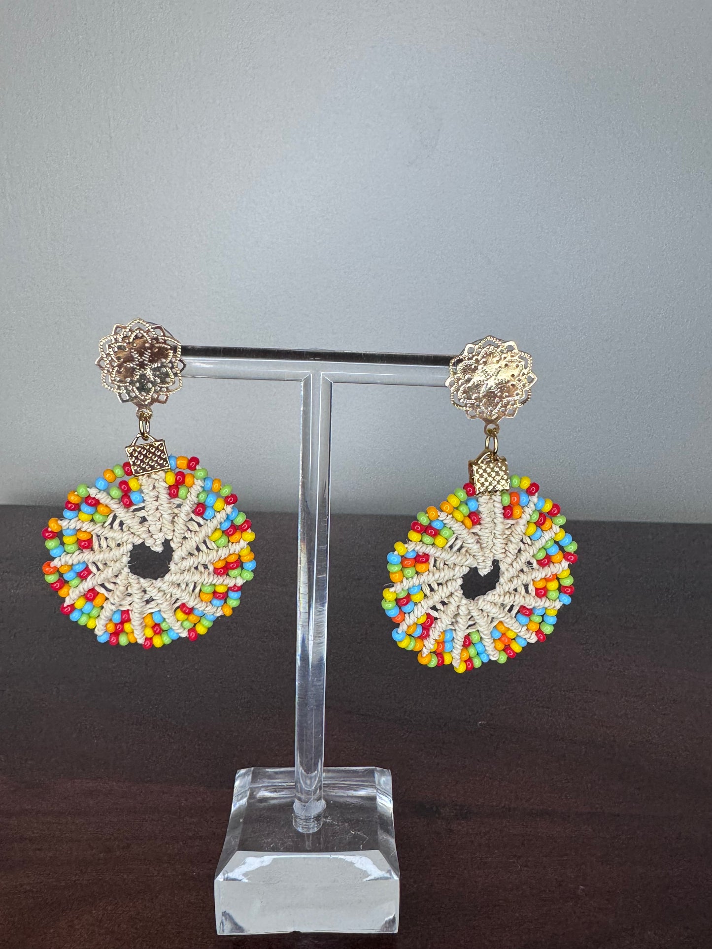 bead work, multicolour, natural fibre material, handmade earrings