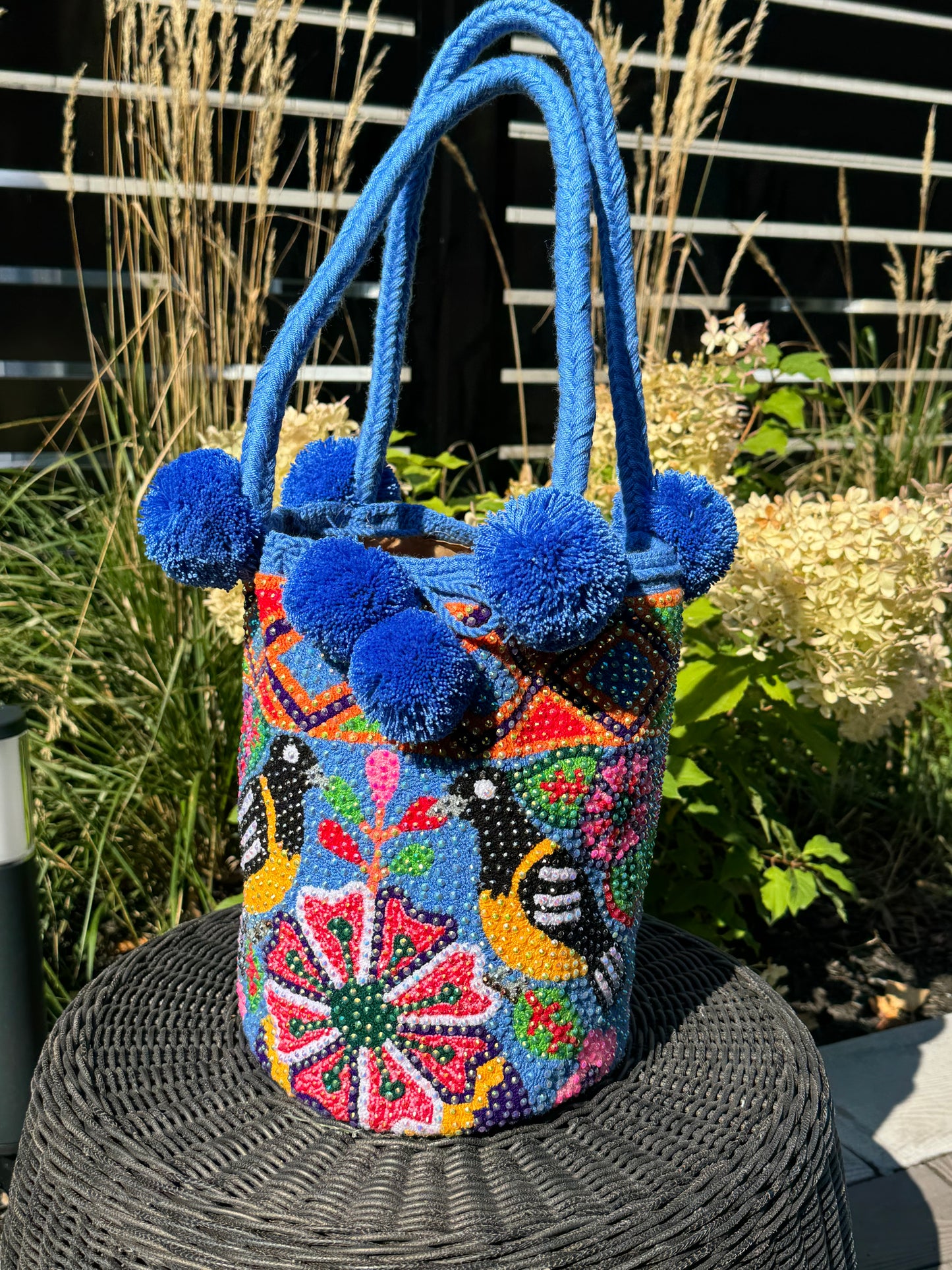 original mochila wayuu, handmade bag, hand knitted bag, blue bag, montreal, fashion montreal, bird bag, unique design bag