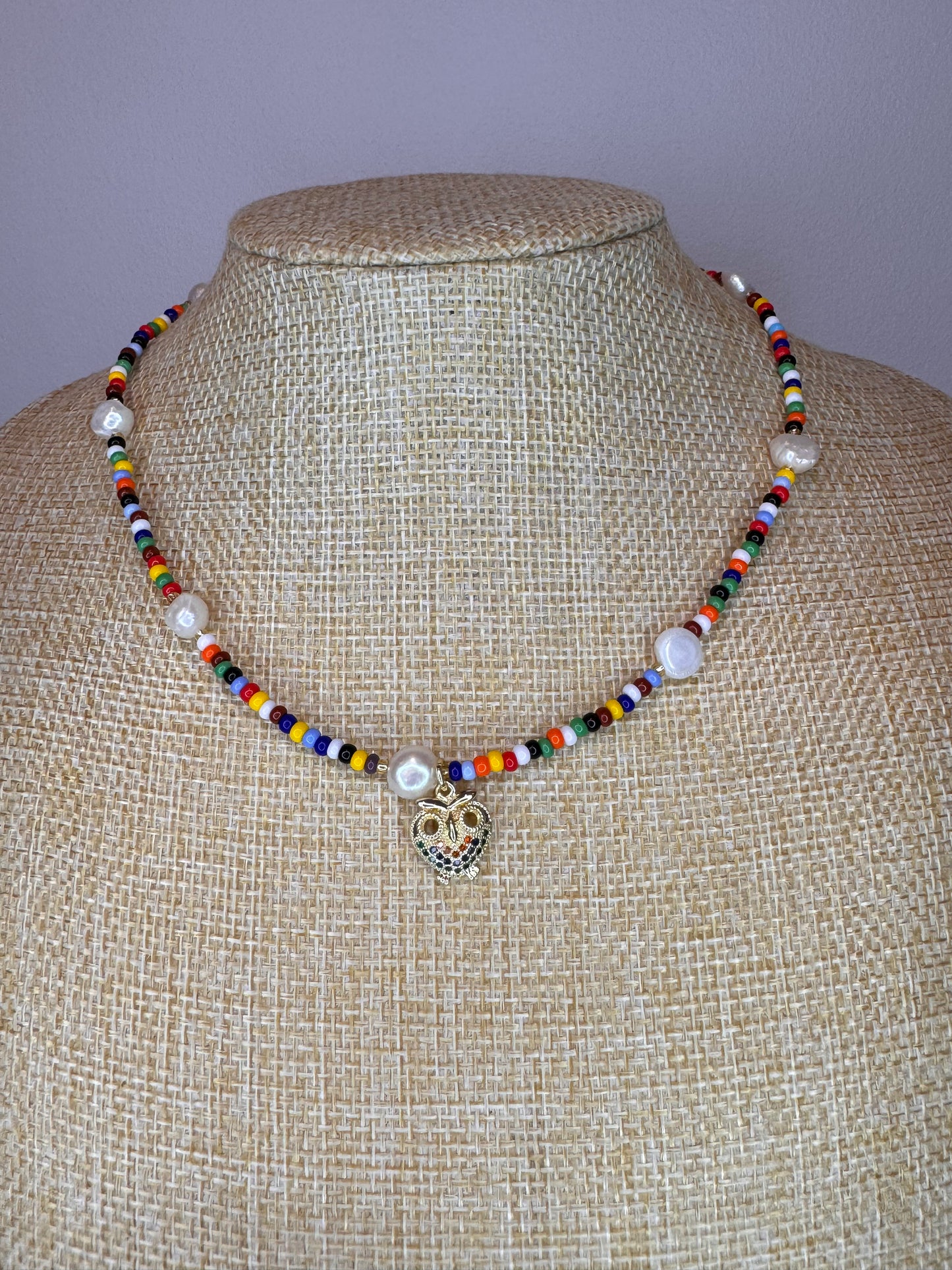 beaded chocker, colourful necklace, owl charm