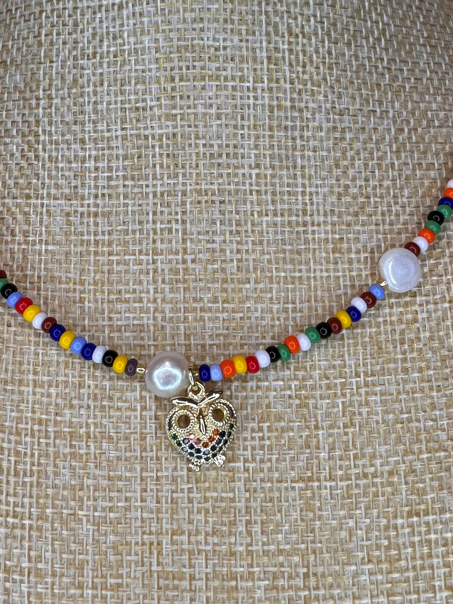 beaded chocker, colourful necklace, owl charm