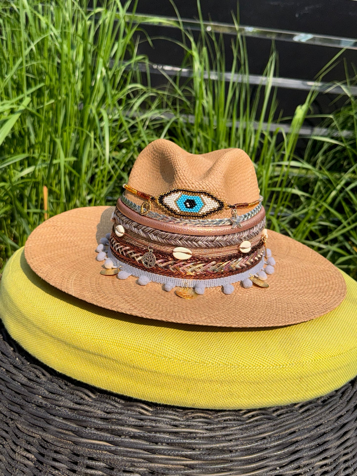hand woven summer hat, decorated by hand, 100% natural fibre, evil eye straw hat