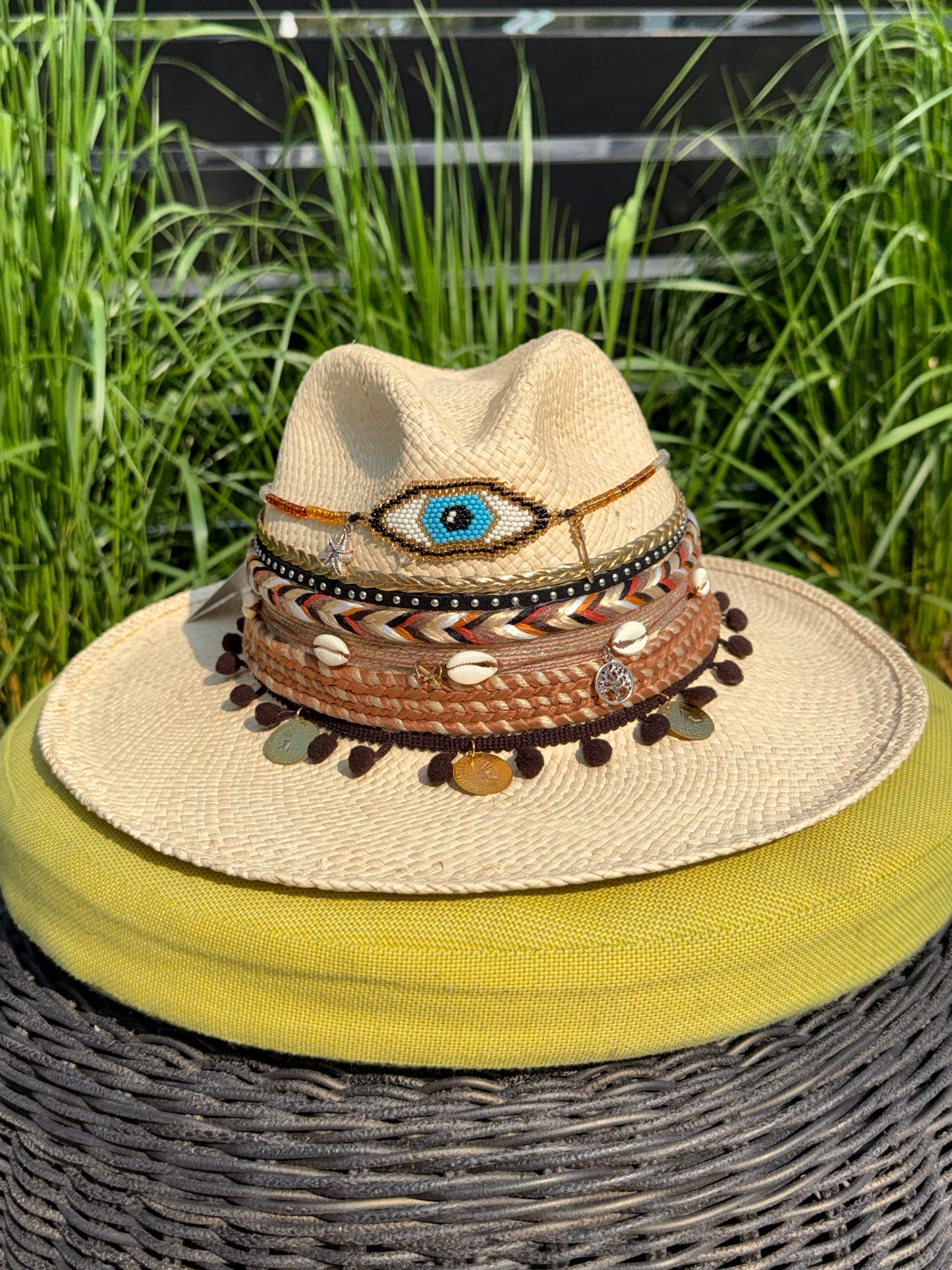 hand woven summer hat, decorated by hand, 100% natural fibre, evil eye straw hat