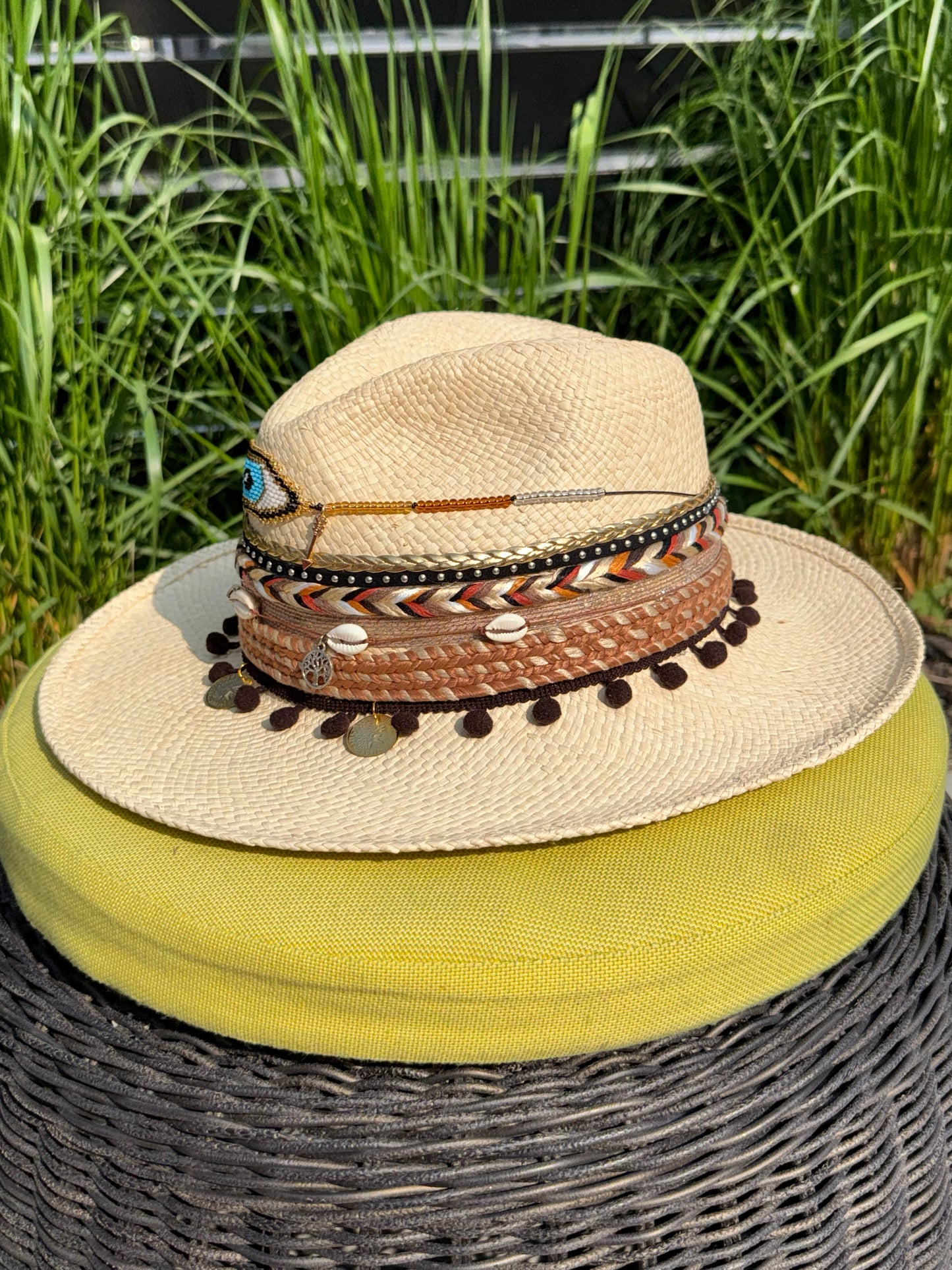 hand woven summer hat, decorated by hand, 100% natural fibre, evil eye straw hat