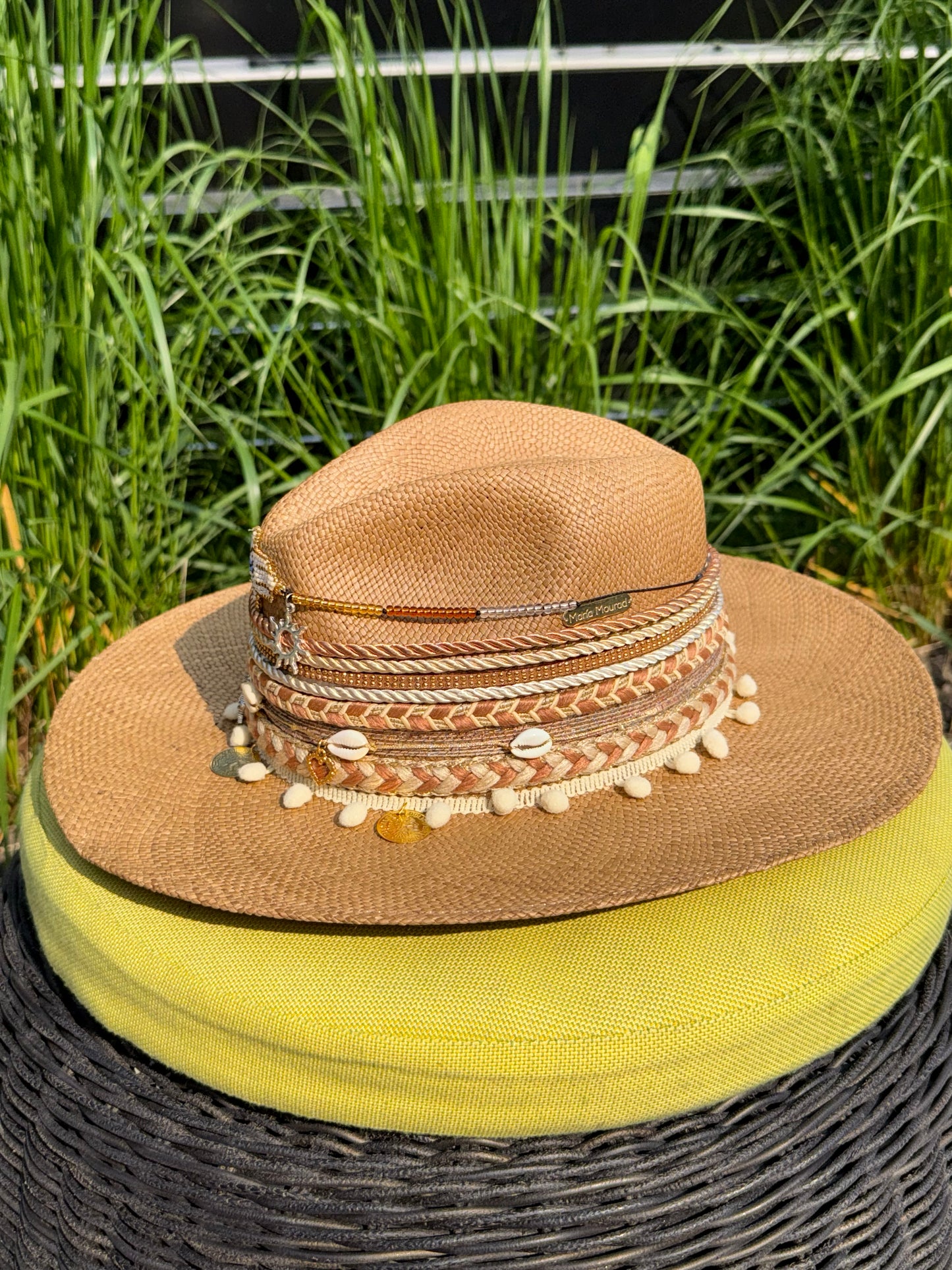 hand woven summer hat, decorated by hand, 100% natural fibre, hamsa hand straw hat