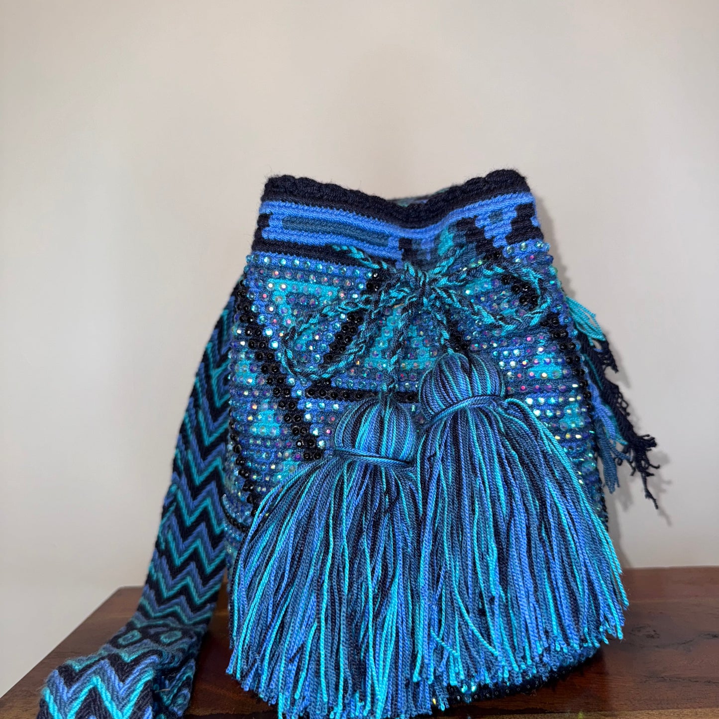 Wayuu bag, made in Colombia by hand and embedded with hand glued crystals