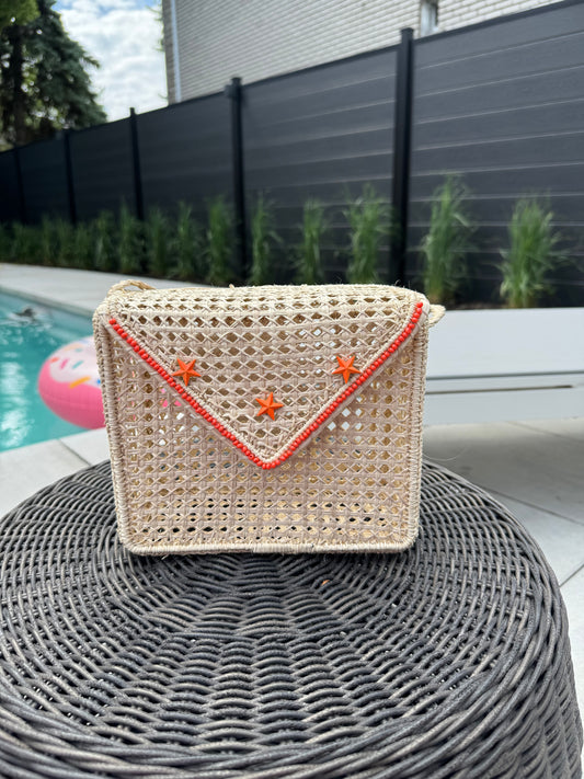 wicker handbag, baul bag, handmade handbag, natural colour, orange details, beaded handbag, mimbre handbag, summer bag, summer handbag