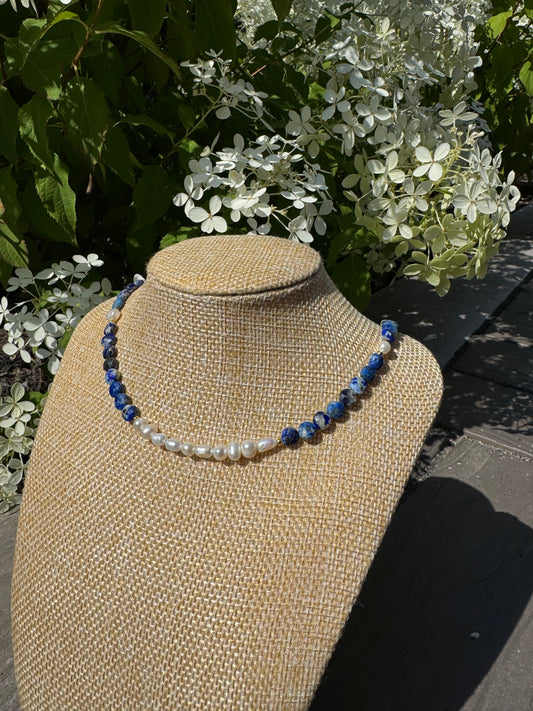 lapis lazuli and freshwater pearl necklace