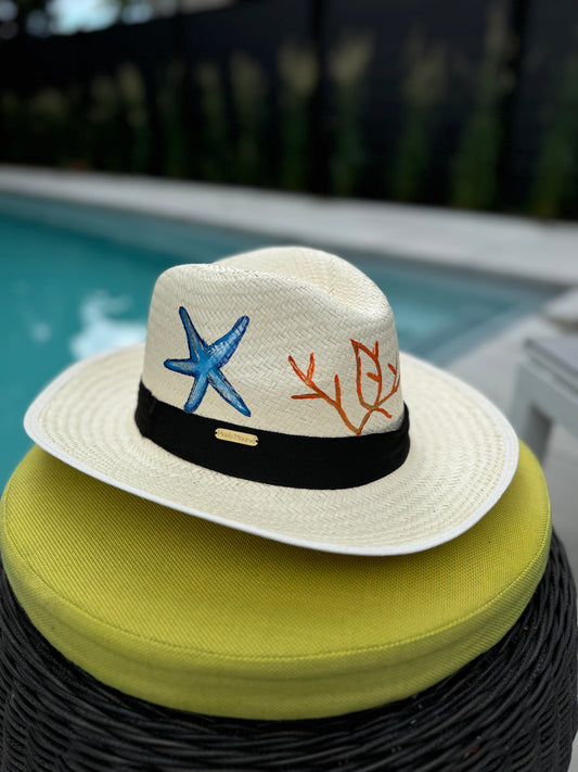 handwoven hat. summer hat, sea hat, vacation hat, wicker hat, handprinted hat, unique design hat, lightweight hat, made in Colombia