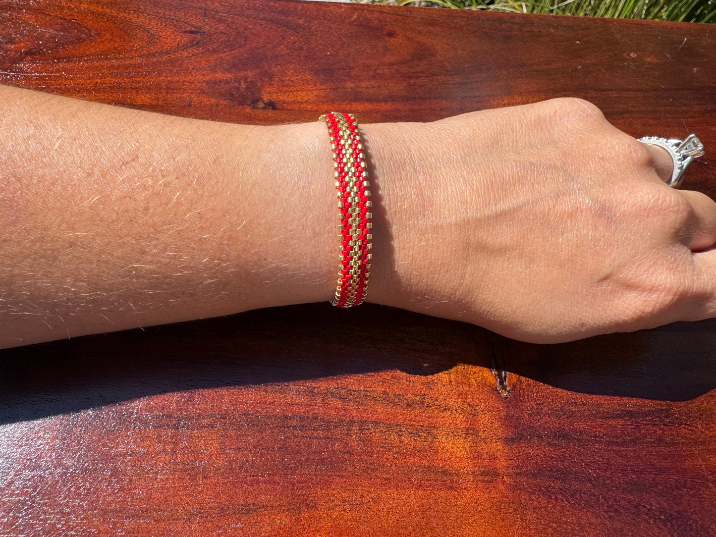 miyuki handmade bracelet, red bracelet, red and gold bracelet