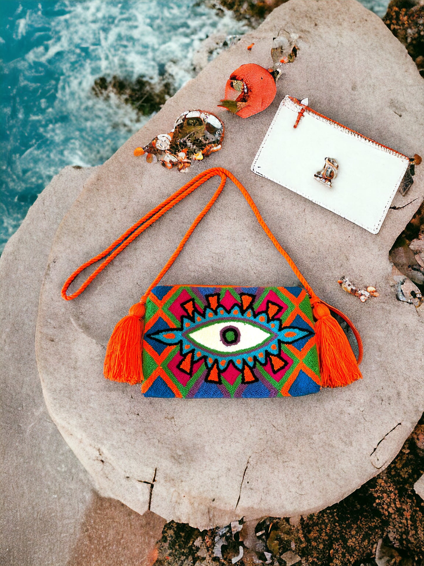 evil eye clutch, evil eye handbag, clutch bag style, summer bag, crossbody handbag, crossbody bag, colourful bag, handmade handbag, lightweight handbag, sac fait a la main