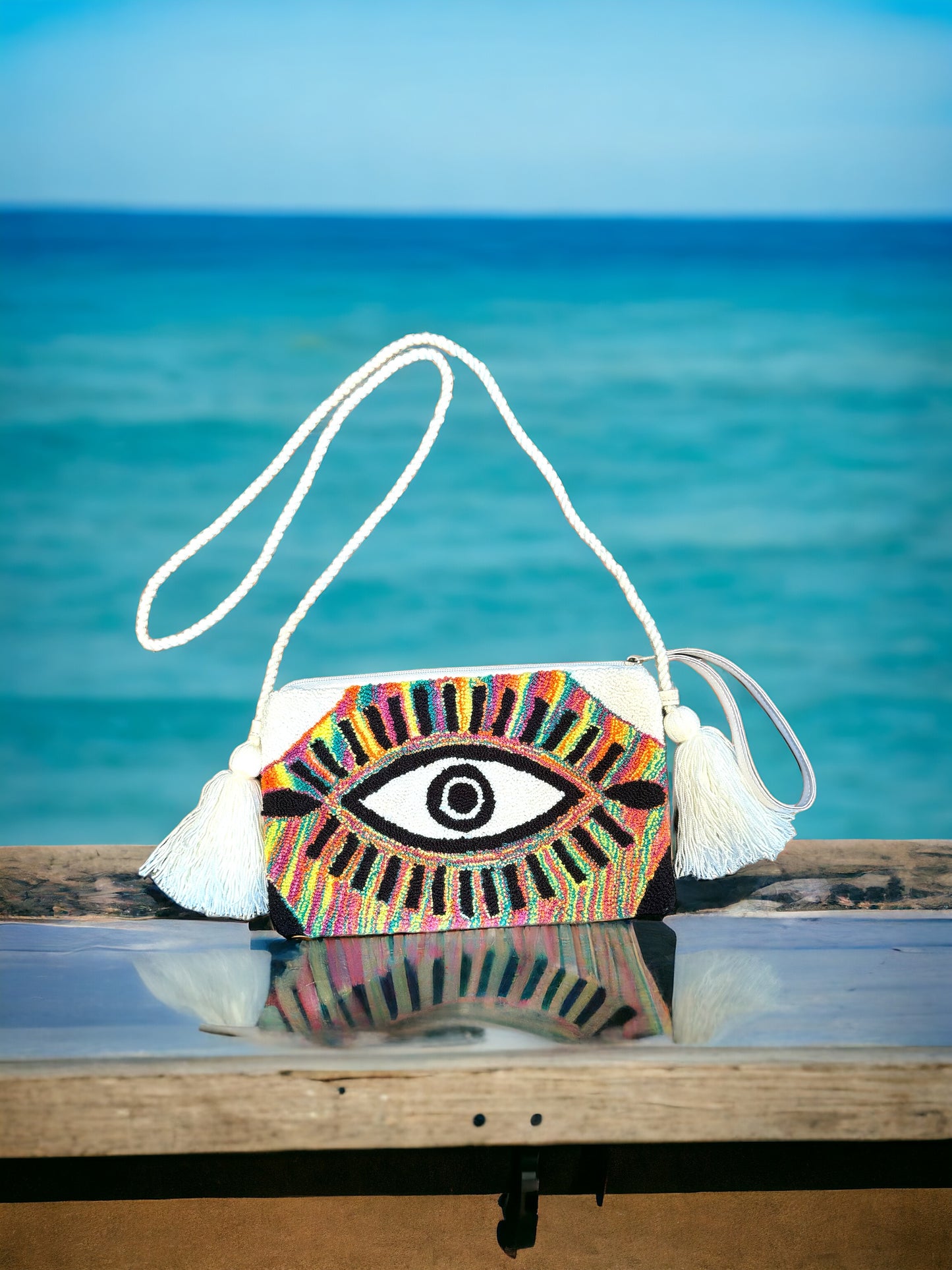 evil eye clutch, evil eye handbag, clutch bag style, summer bag, crossbody handbag, crossbody bag, colourful bag, handmade handbag, lightweight handbag, sac fait a la main
