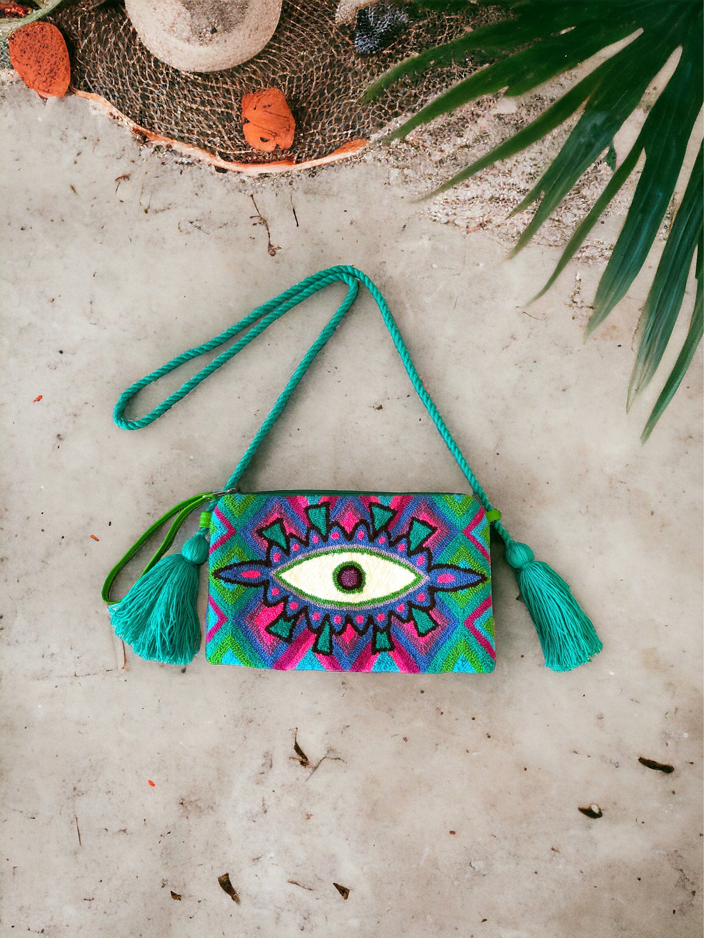 evil eye clutch, evil eye handbag, clutch bag style, summer bag, crossbody handbag, crossbody bag, colourful bag, handmade handbag, lightweight handbag, sac fait a la main