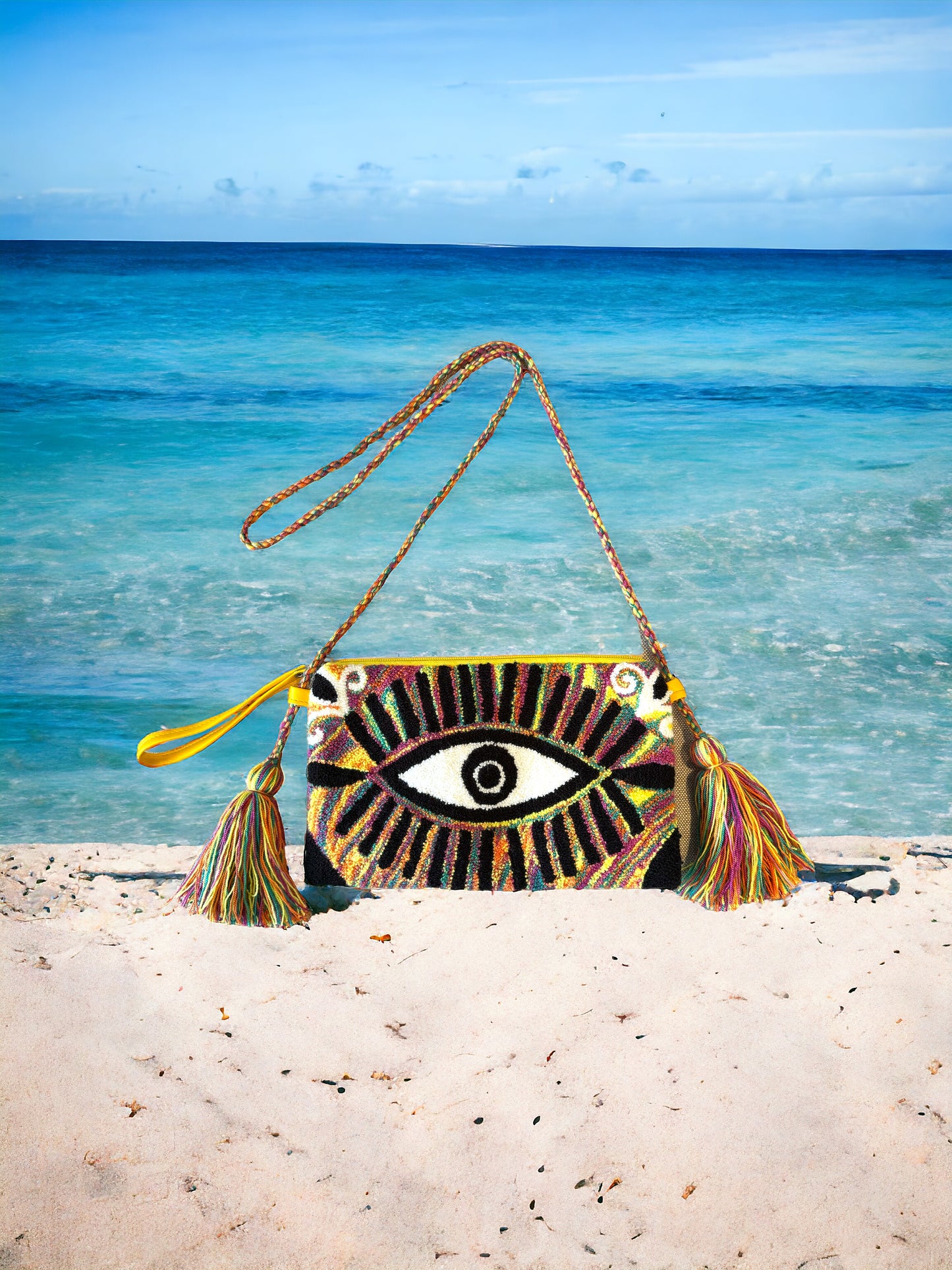 evil eye clutch, evil eye handbag, clutch bag style, summer bag, crossbody handbag, crossbody bag, colourful bag, handmade handbag, lightweight handbag, sac fait a la main