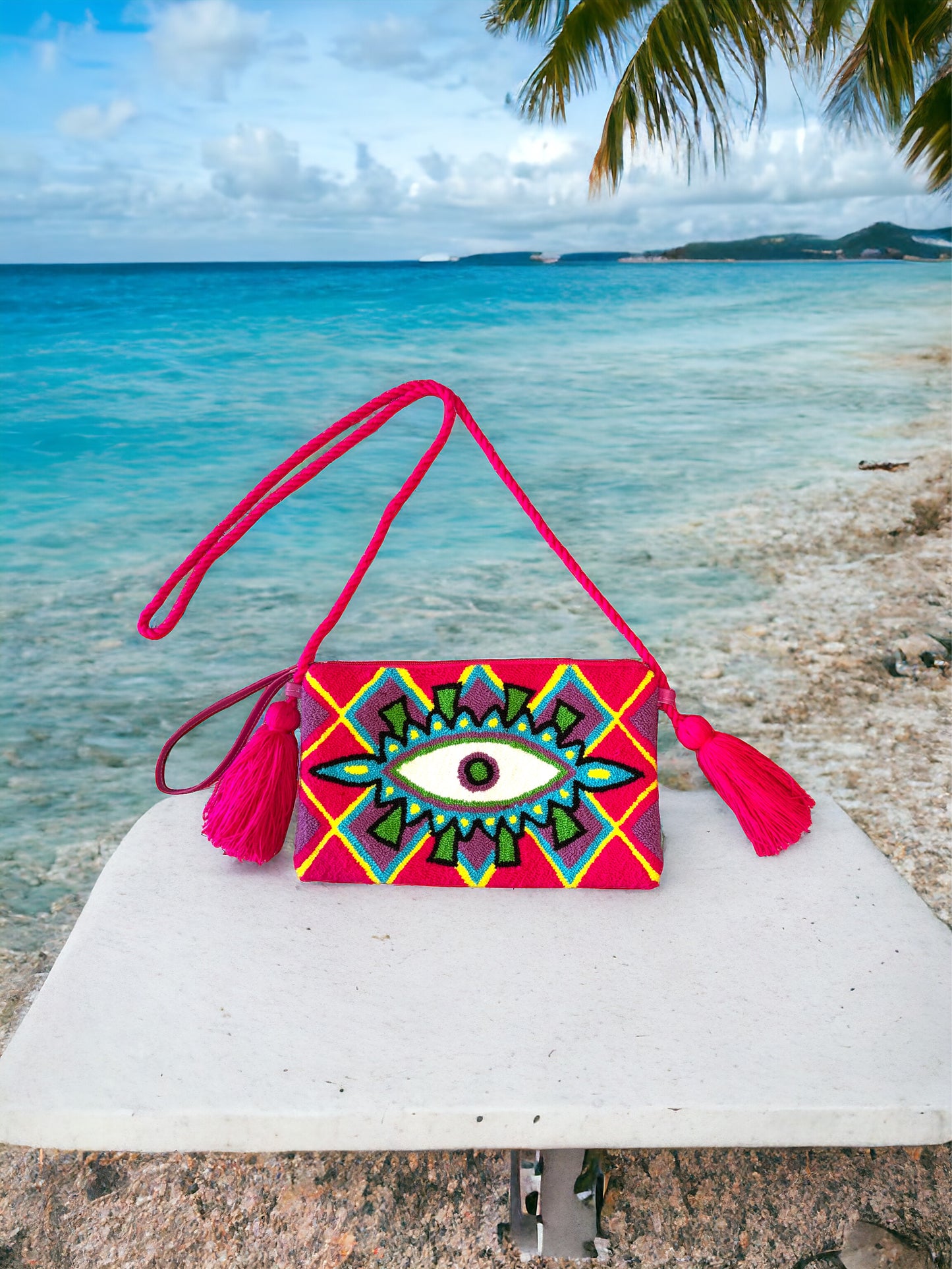 evil eye clutch, evil eye handbag, clutch bag style, summer bag, crossbody handbag, crossbody bag, colourful bag, handmade handbag, lightweight handbag, sac fait a la main