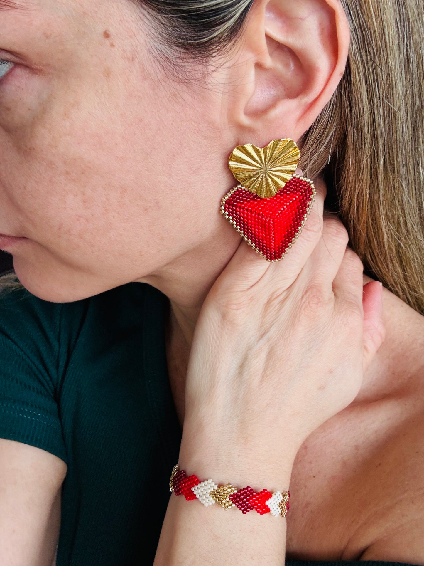 heart handwoven earrings, red heart earrings