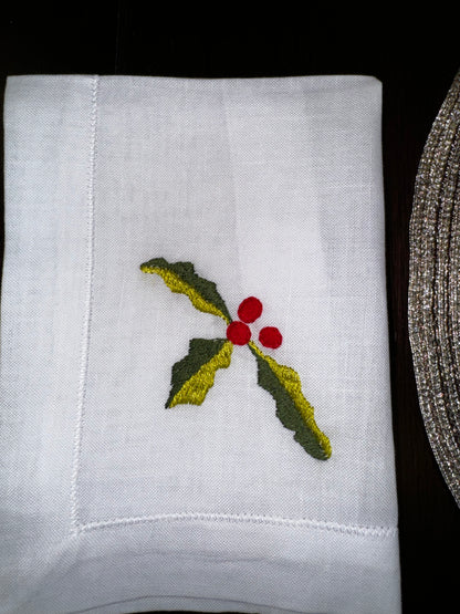 Hand-Embroidered Mistletoe Table Linen set of 6