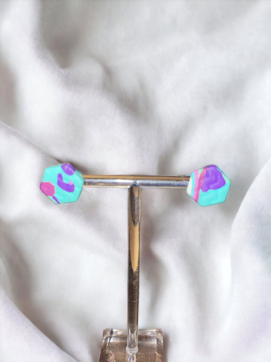 Marble Mint Green & Purple Hexagon Studs