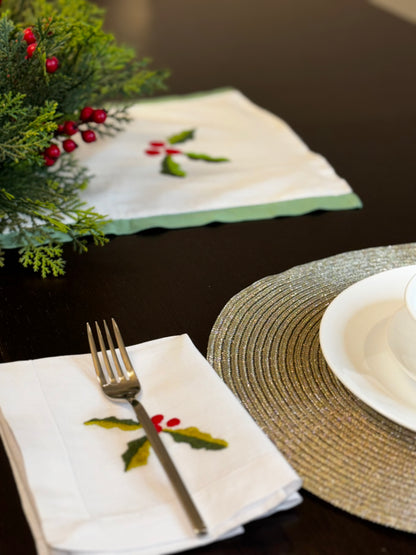 Hand-Embroidered Mistletoe Table Linen set of 6