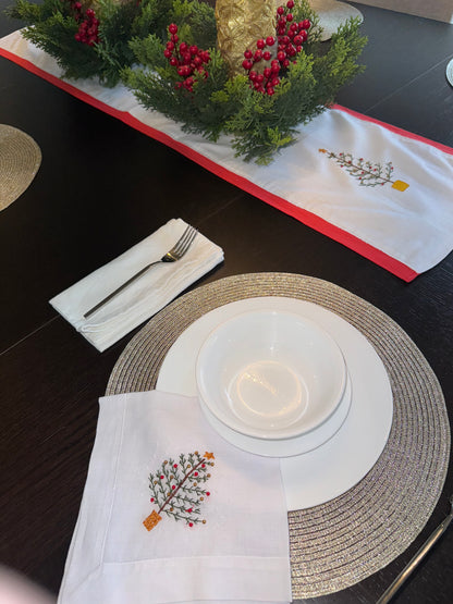 Hand- Embroidered Christmas Tree Pearls Table Linen set of 6