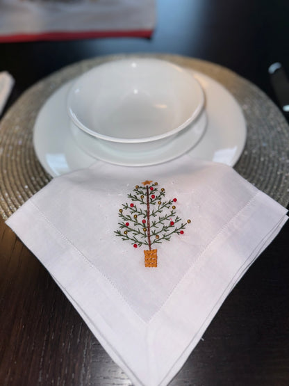 Hand- Embroidered Christmas Tree Pearls Table Linen set of 6
