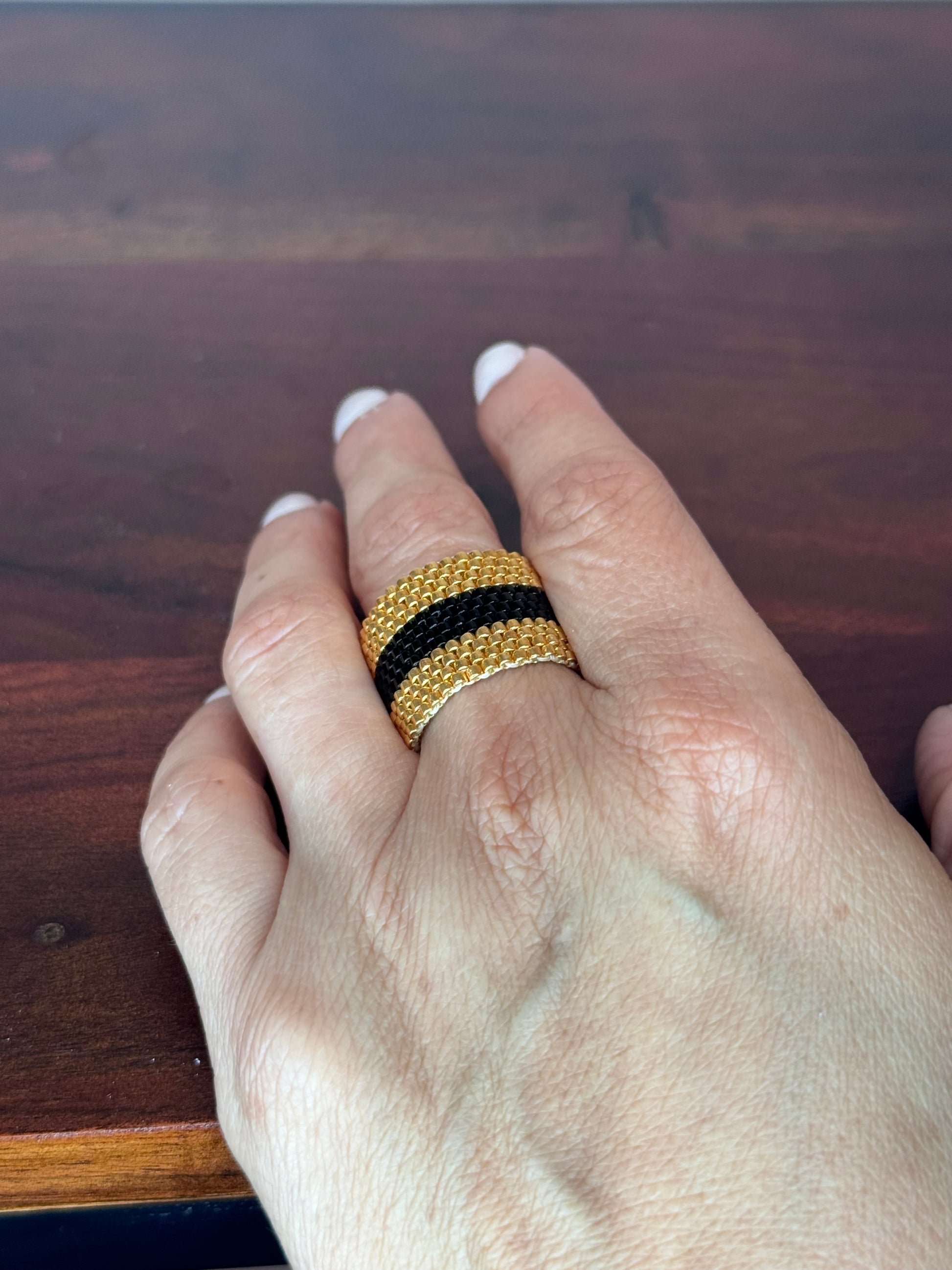 rings, fashion rings, miyuki rings, gold hues, handmade jewelry