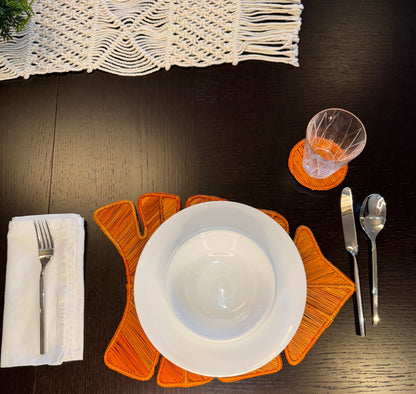 placemats, leave shape, home decor, table set, handmade placemat, handwoven placemat, orange placemat, orange coasters, natural material straw placemat, wicker placemat, wicker decoration 