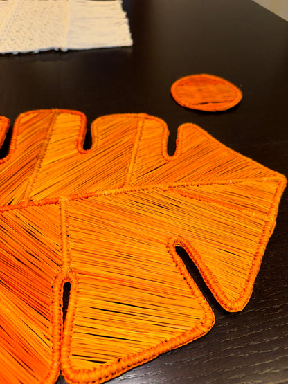 placemats, leave shape, home decor, table set, handmade placemat, handwoven placemat, orange placemat, orange coasters, natural material straw placemat, wicker placemat, wicker decoration