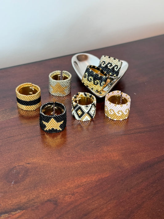 rings, fashion rings, miyuki rings, gold hues, handmade jewelry