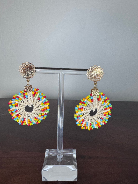 bead work, multicolour, natural fibre material, handmade earrings 