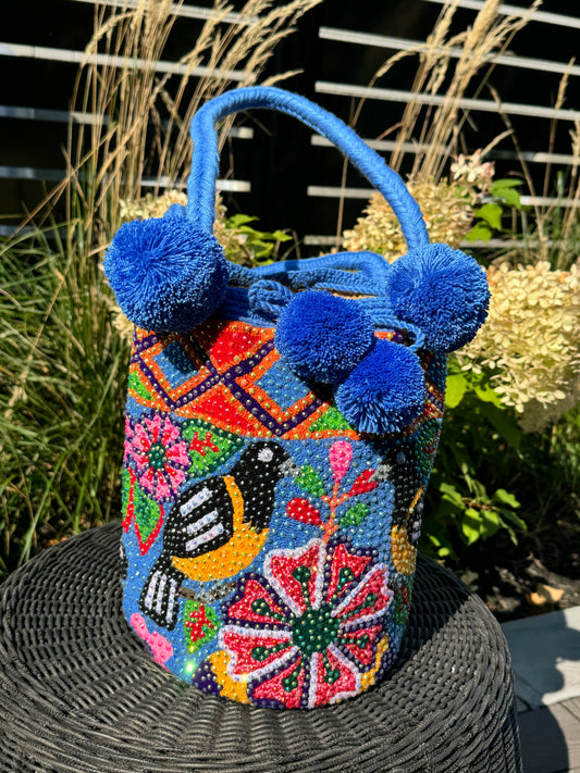 original mochila wayuu, handmade bag, hand knitted bag, blue bag, montreal, fashion montreal, bird bag, unique design bag