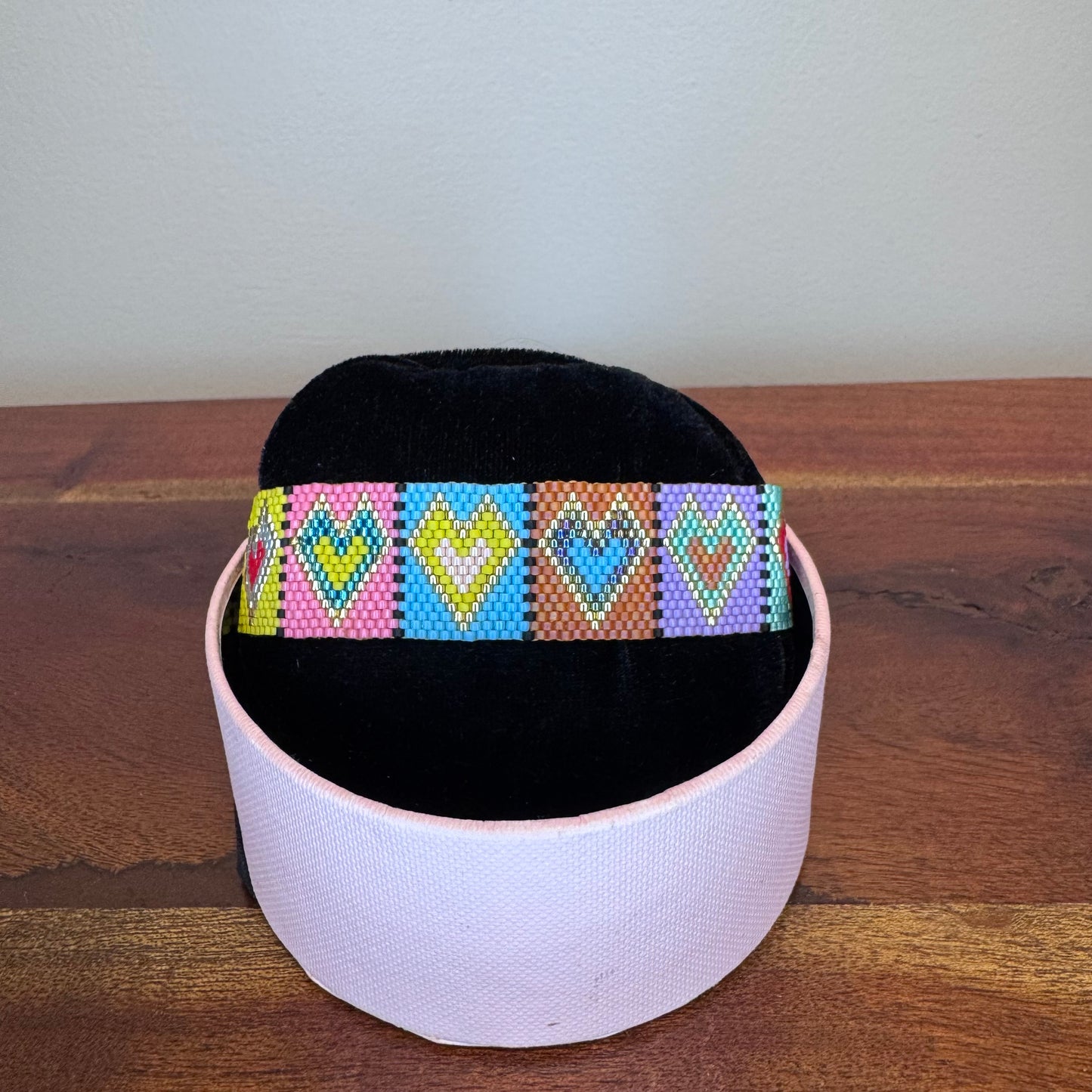 Colourful hand woven beaded miyuki bracelet with heart patterns