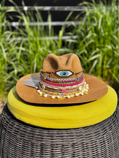 hand woven summer hat, decorated by hand, 100% natural fibre, evil eye hat, straw hat