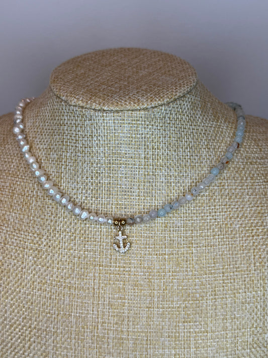aquamarine gemstone necklace, freshwater pearl necklace, handmade necklace 