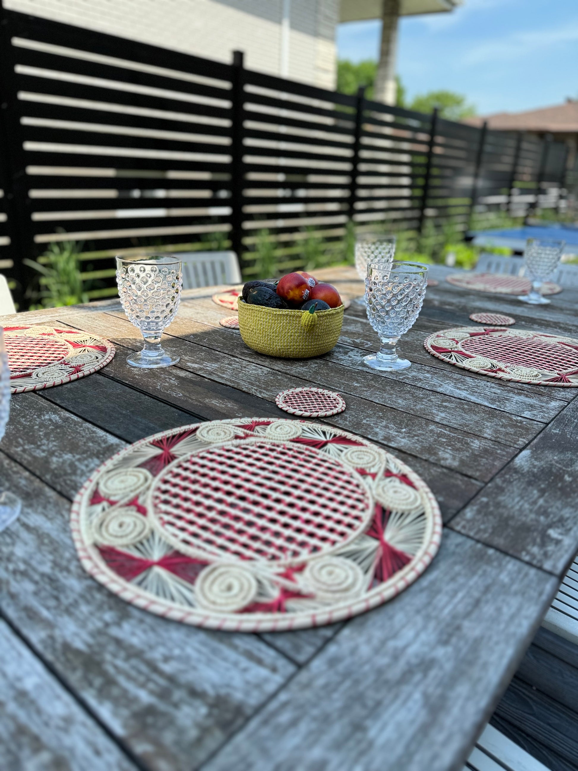 handwoven placemats, table decor, outdoor decor, outdoor table decor, patio decor, red and natural colour, wicker placemat, handmade placemat, natural fibres