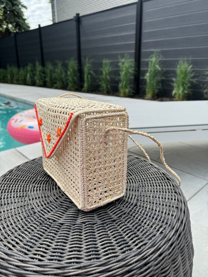  wicker handbag, baul bag, handmade handbag, natural colour, orange details, beaded handbag, mimbre handbag, summer bag, summer handbag