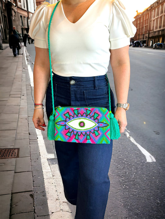 evil eye clutch, evil eye handbag, clutch bag style, summer bag, crossbody handbag, crossbody bag, colourful bag, handmade handbag, lightweight handbag, sac fait a la main