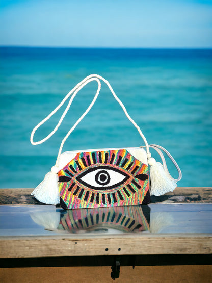 evil eye clutch, evil eye handbag, clutch bag style, summer bag, crossbody handbag, crossbody bag, colourful bag, handmade handbag, lightweight handbag, sac fait a la main