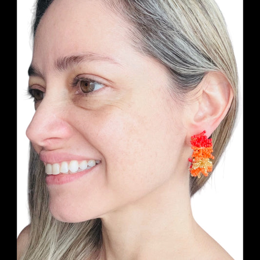 handmade earrings, red, orange and gold colours