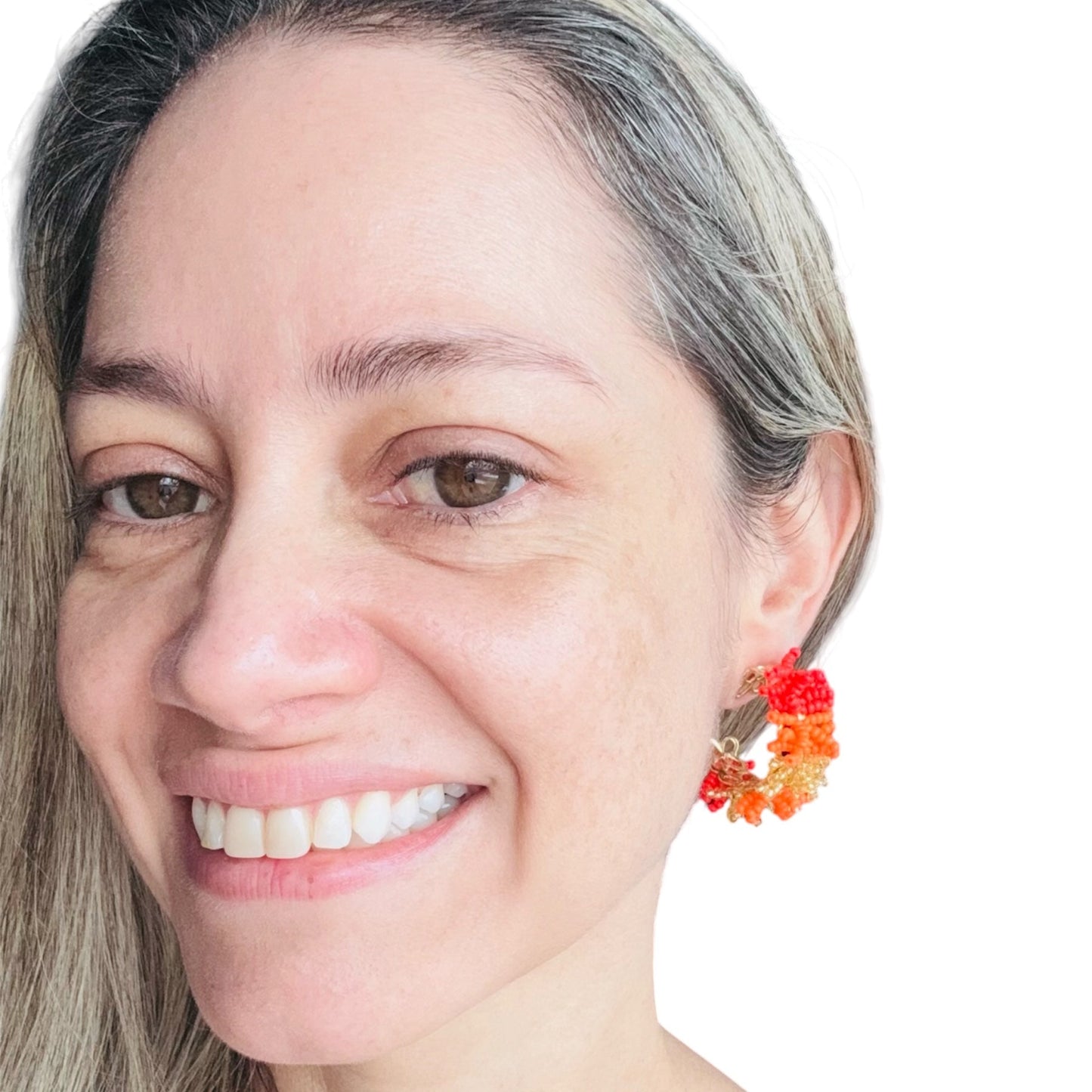 handmade earrings, red, orange and gold colours