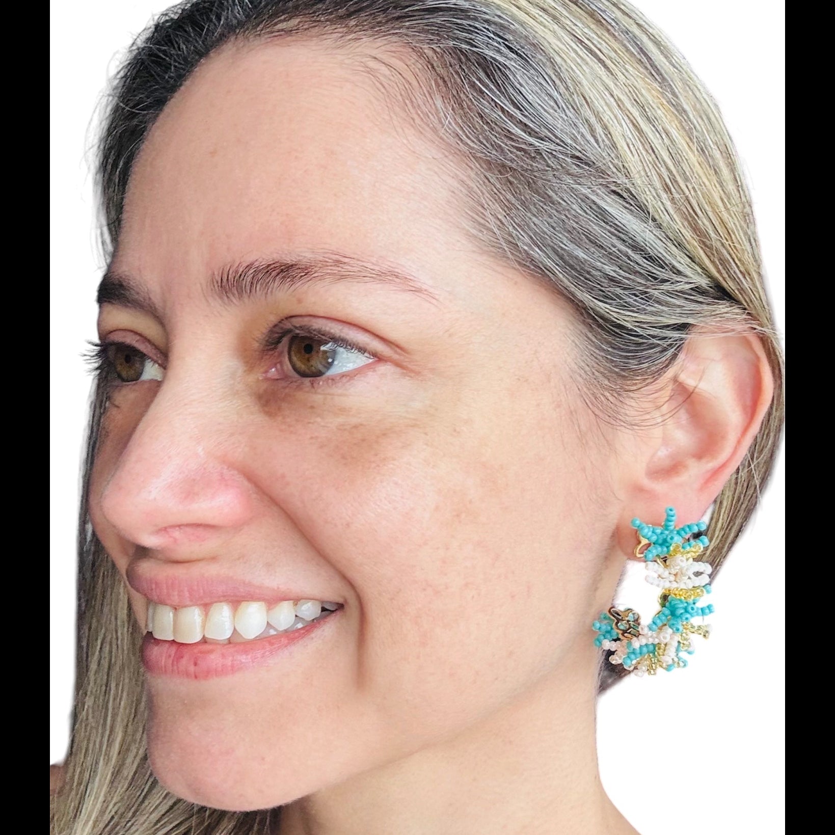 handmade earrings, acrylic beads in white and turquoise colours 