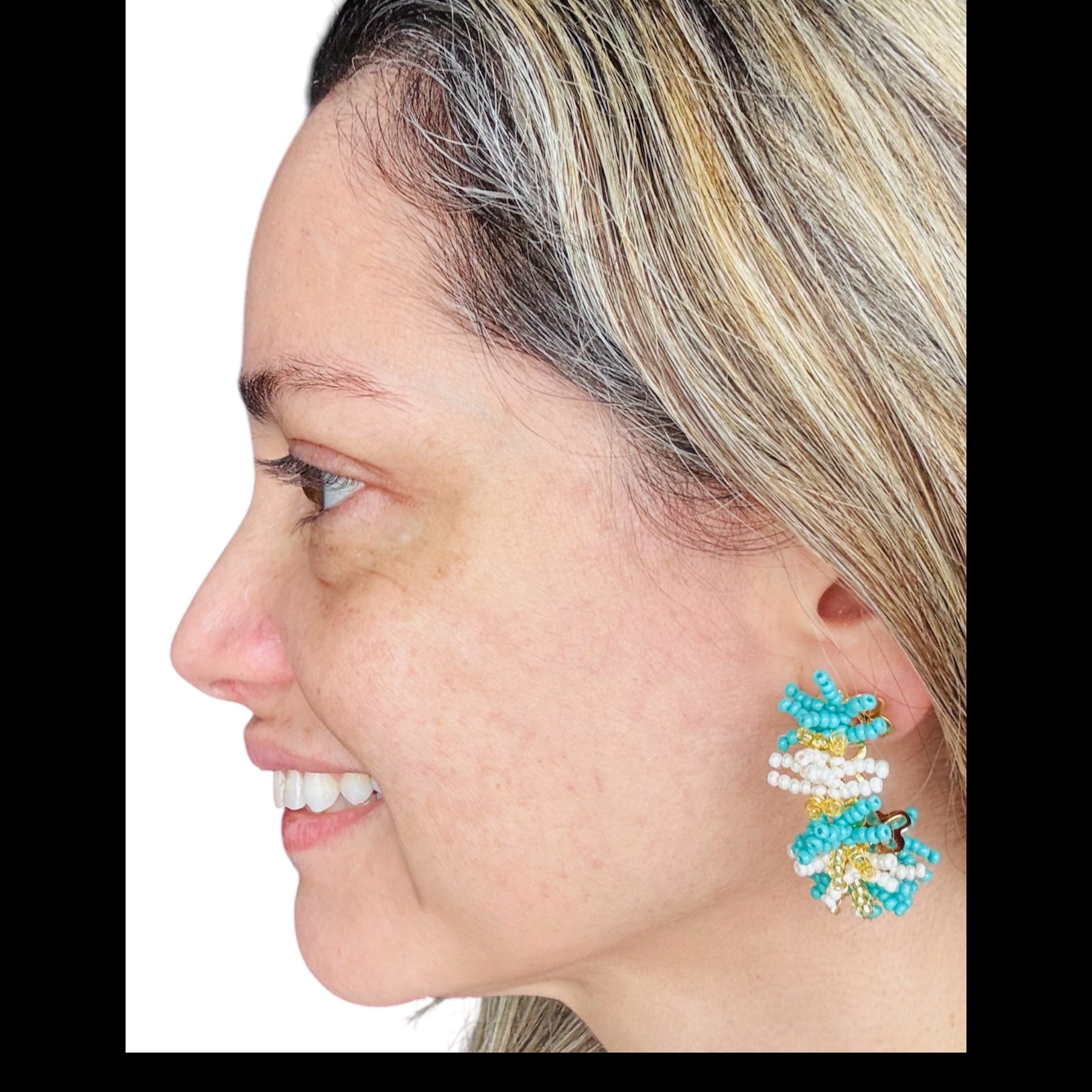 handmade earrings, white and turquoise colours 