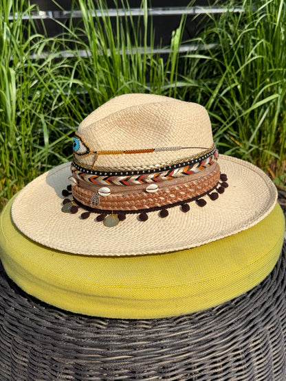 hand woven summer hat, decorated by hand, 100% natural fibre, evil eye straw hat