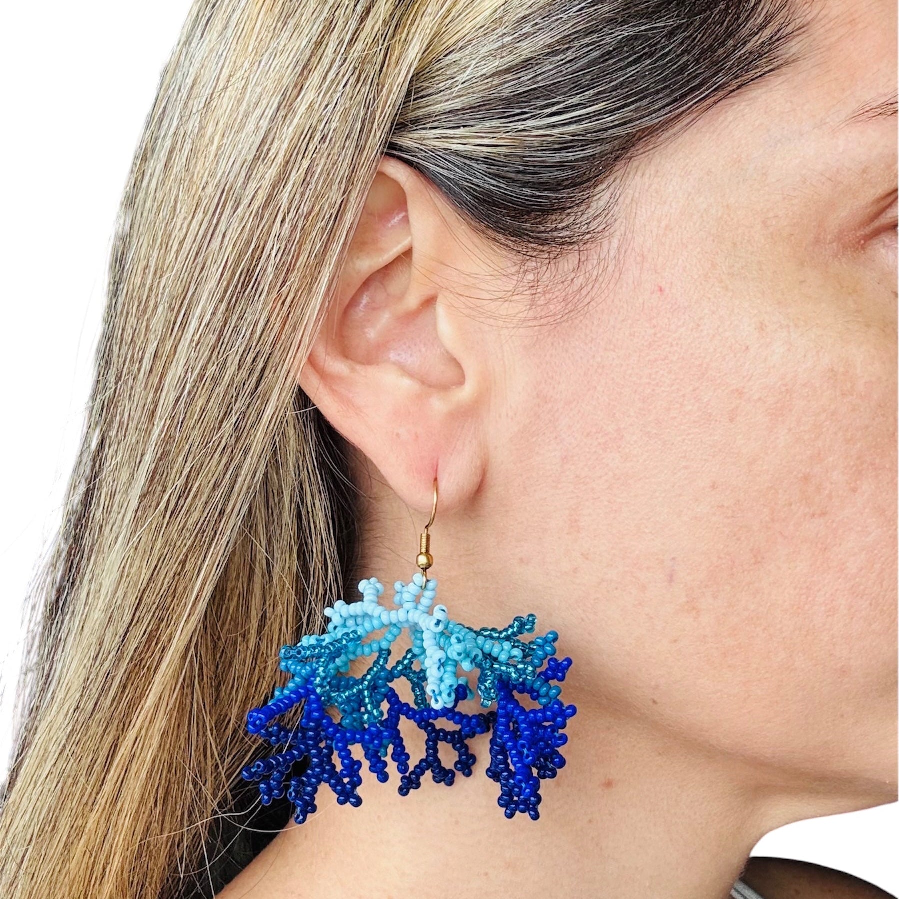coral earrings, hook style, colombian handmade earrings montreal
