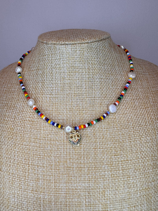 beaded chocker, colourful necklace, owl charm