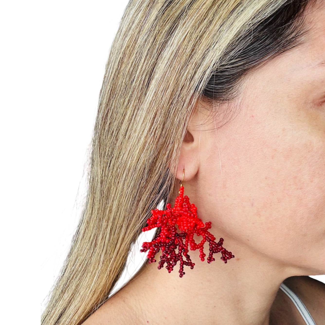 coral earrings, hook style, colombian handmade earrings montreal