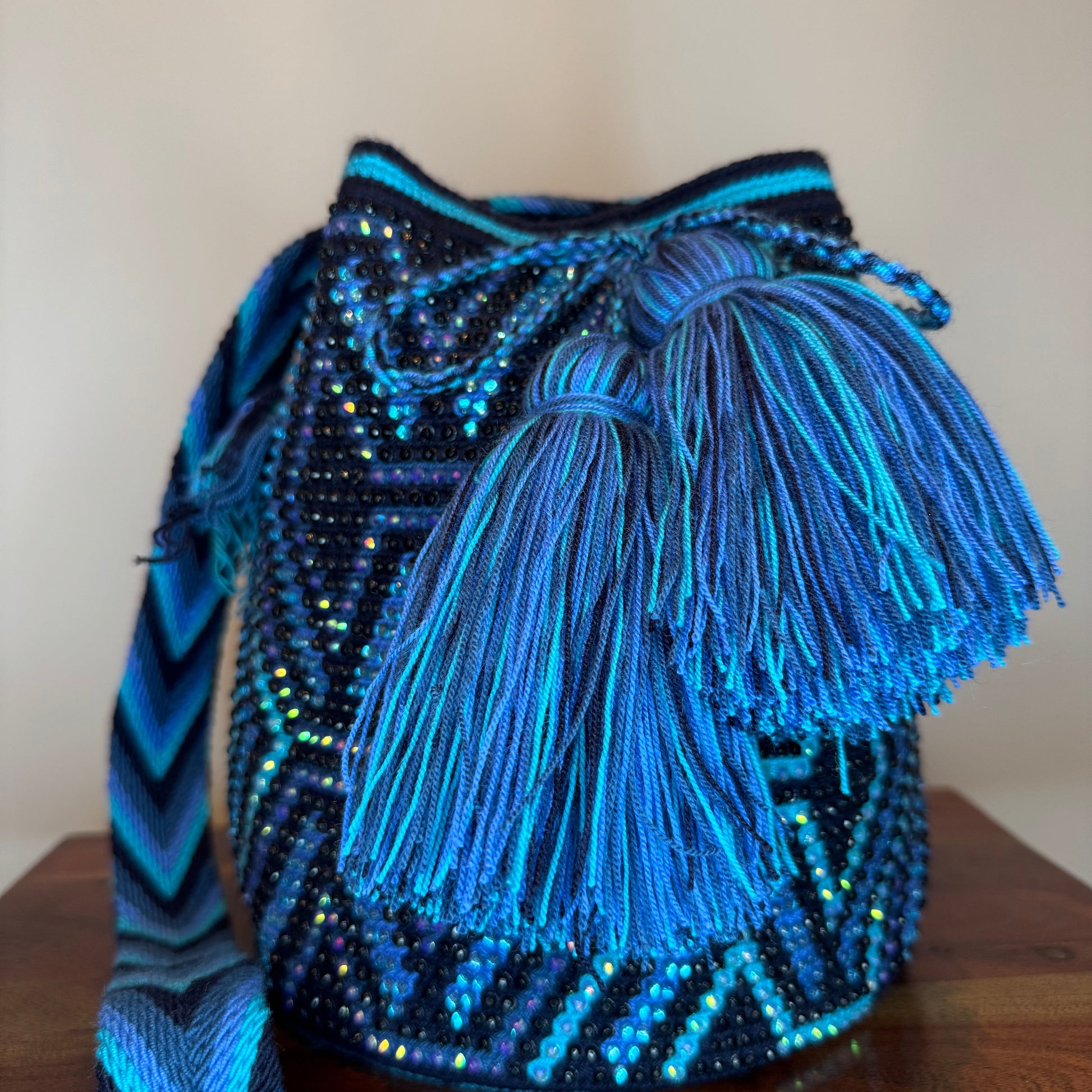 Wayuu bag, made in Colombia by hand and embedded with hand glued crystals 